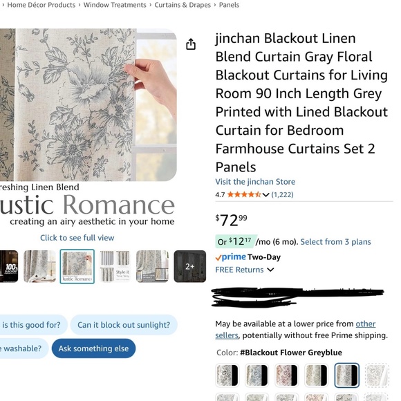 Zinchan linen blend lined curtain set of 2 panels 90” - Picture 2 of 8